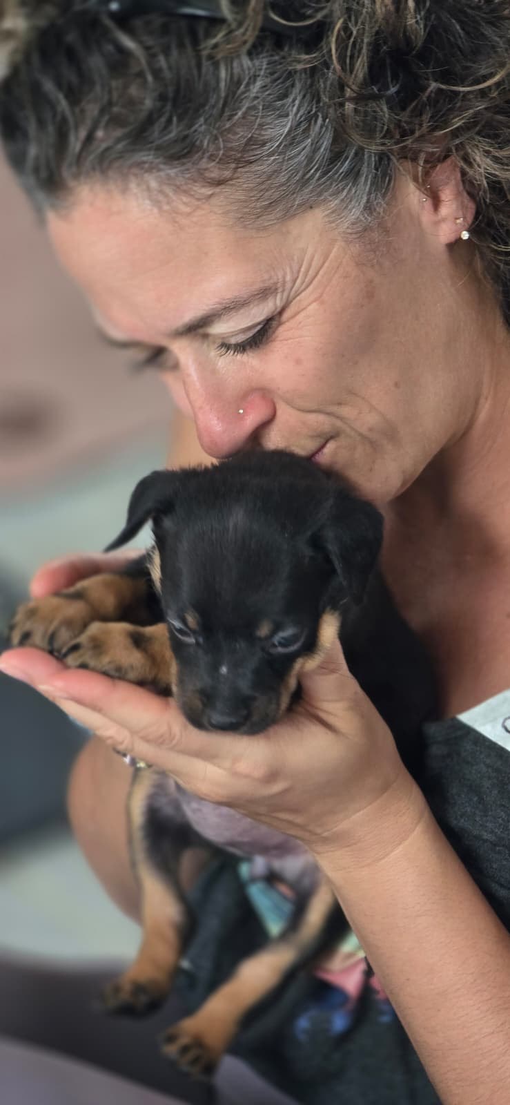 A tender moment between a woman and a small puppy